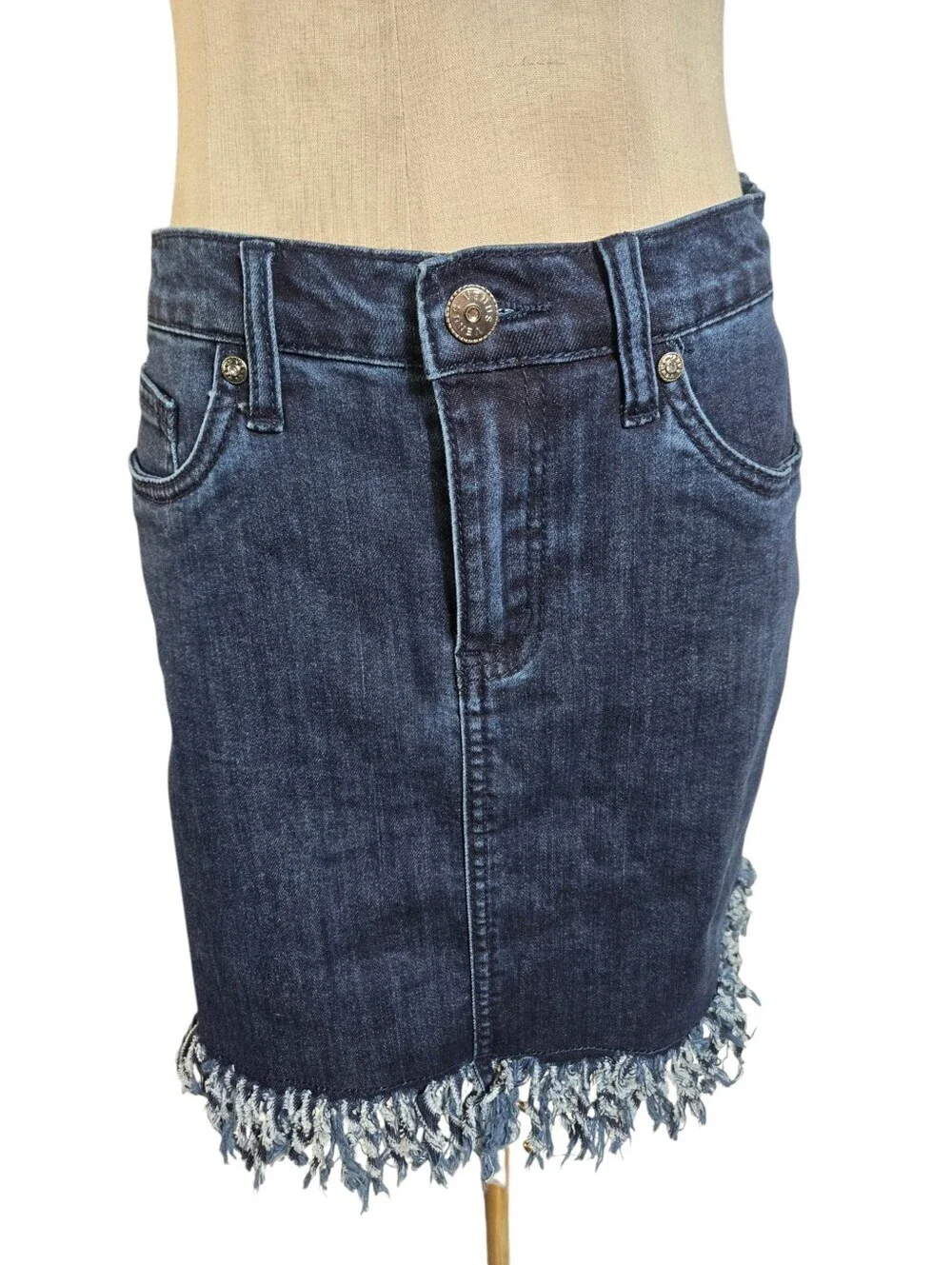 VENUS Dark Wash Denim MINI Skirt with Fringe